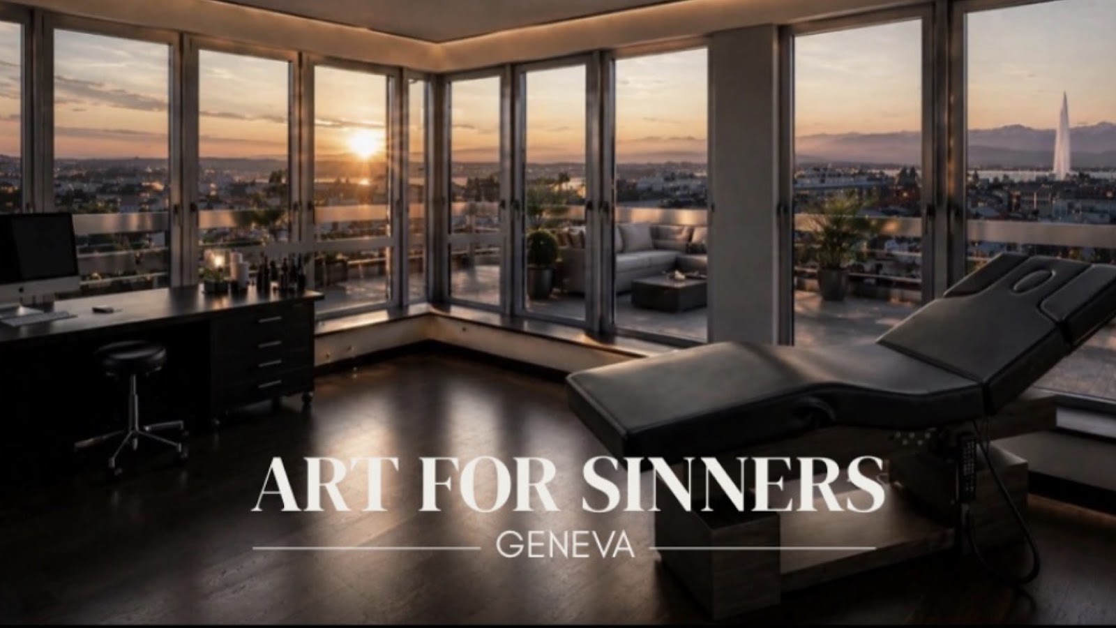 Vue panoramique du studio Art For Sinners avec le jet d'eau de Genève au coucher du soleil — fauteuil de tatouage et poste de travail